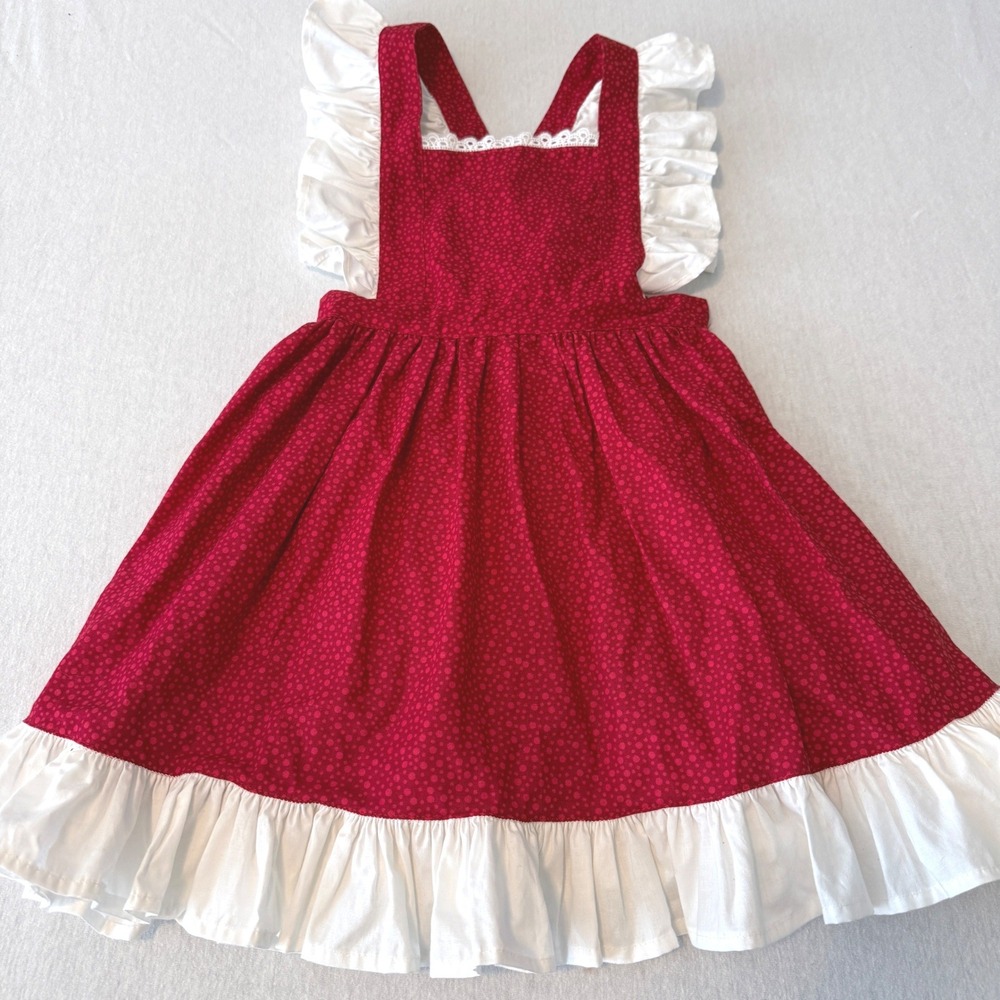 Emi and Ali Pinafore Dress Girls Size 6-7 Red Polka Dot Ruffle Handmade Prairie